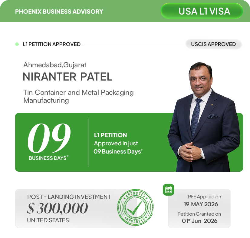 USA L1 Petition of Niranter Patel from Ahmedabad Gujarat approved in 09 business days by Phoenix Business Advisory