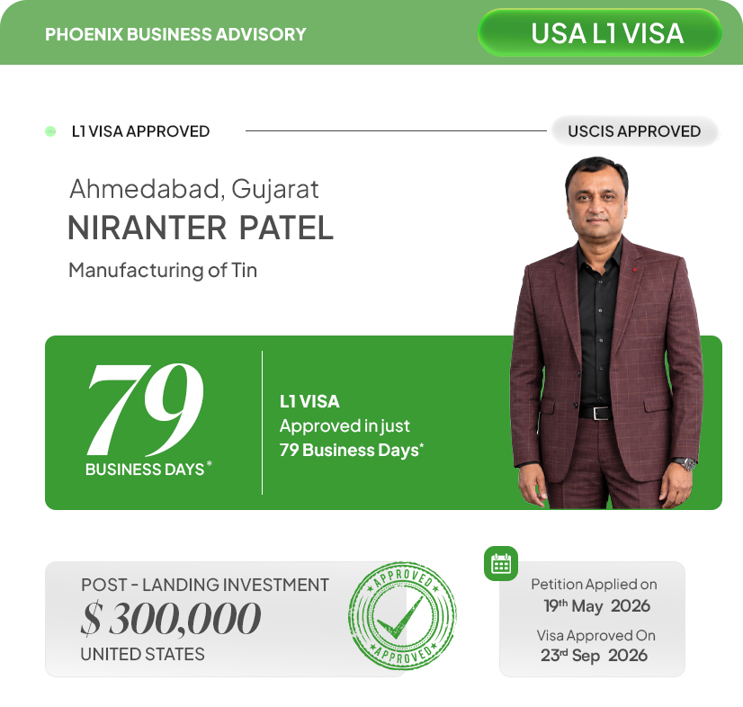 Kalpesh M Patel Ahmedabad Gujarat - USA L1 Visa approved in 82 business days - Phoenix Business Advisory success story