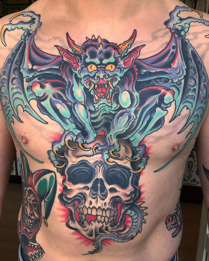 Chest Demon Traditional Tattoo by Flo Kaemer