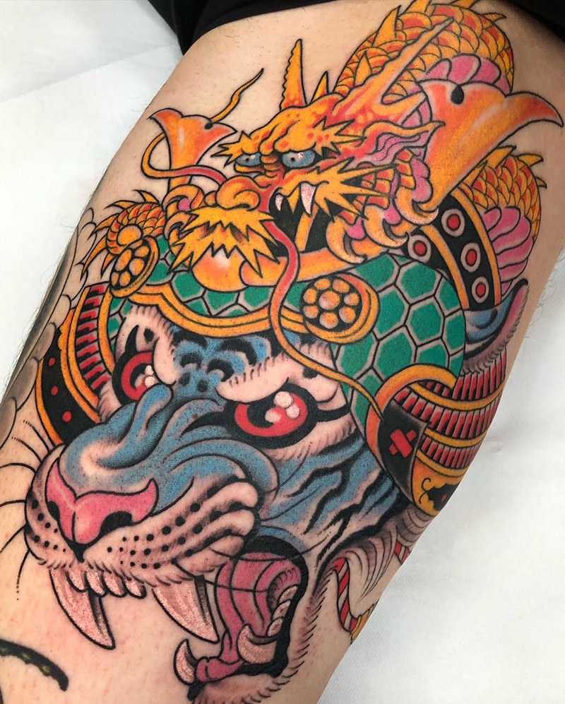 Samurai Tiger Traditional Tattoo by Flo Kaemer