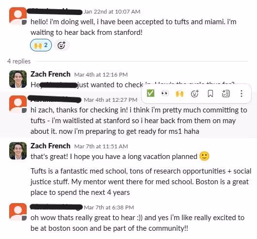 Screenshot of a conversation discussing medical school acceptances at Tufts, Miami, and Stanford with messages about waitlists and excitement for the medical community.