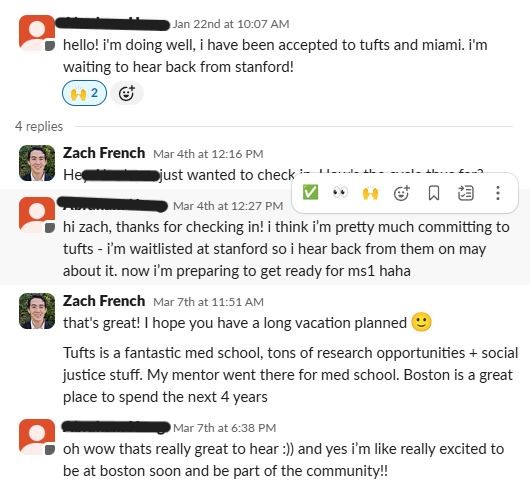 Screenshot of a conversation discussing medical school acceptances at Tufts, Miami, and Stanford with messages about waitlists and excitement for the medical community.