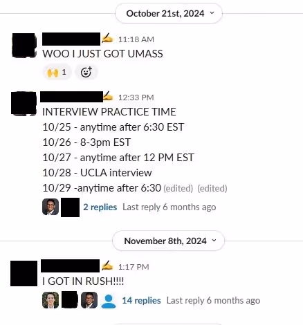 Screenshot of a message thread with users celebrating university admissions and sharing interview practice schedules for late October 2024.