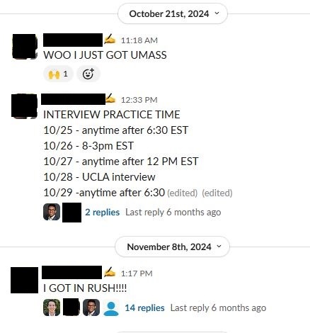 Screenshot of a message thread with users celebrating university admissions and sharing interview practice schedules for late October 2024.
