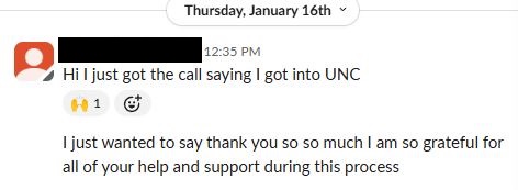 Screenshot of a message conversation where someone expresses gratitude for help after being accepted into UNC.