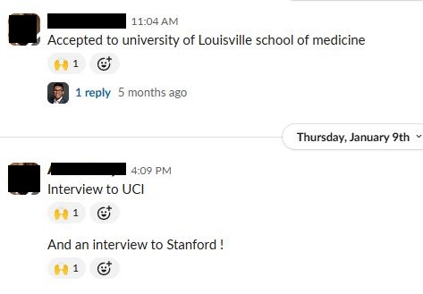 Text message screenshot showing acceptance to University of Louisville School of Medicine and interview plans for UCI and Stanford.