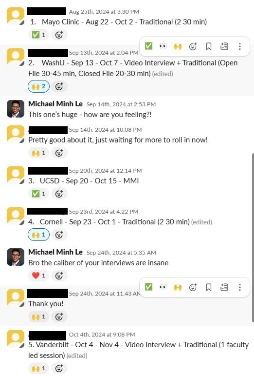 Screenshot of a group chat detailing interview schedules at various universities with dates, types, and reactions, including comments praising interview quality.