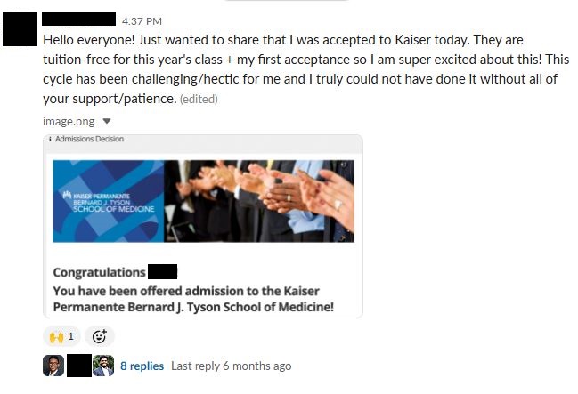 Screenshot of a social media post sharing acceptance to Kaiser Permanente Bernard J. Tyson School of Medicine with an image showing congratulatory text and people clapping.