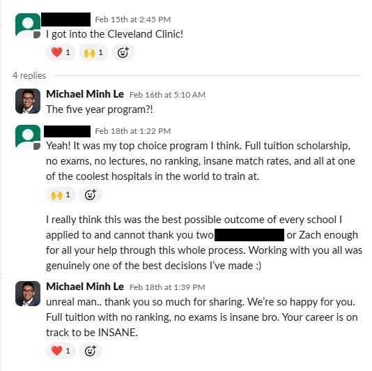 Screenshot of a social media conversation where a user shares their acceptance to the Cleveland Clinic with full tuition scholarship and no exams, receiving congratulatory replies from Michael Minh Le.