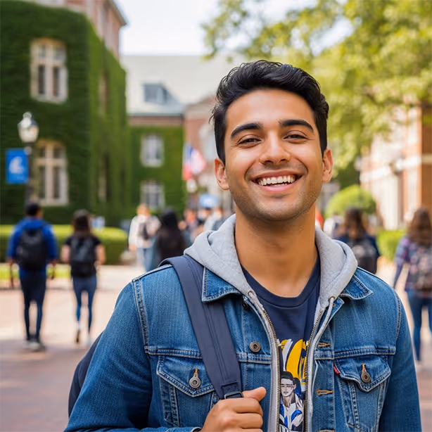 Smiling young man wearing a denim jacket and backpack standing outdoors on a college campus with students in the background.