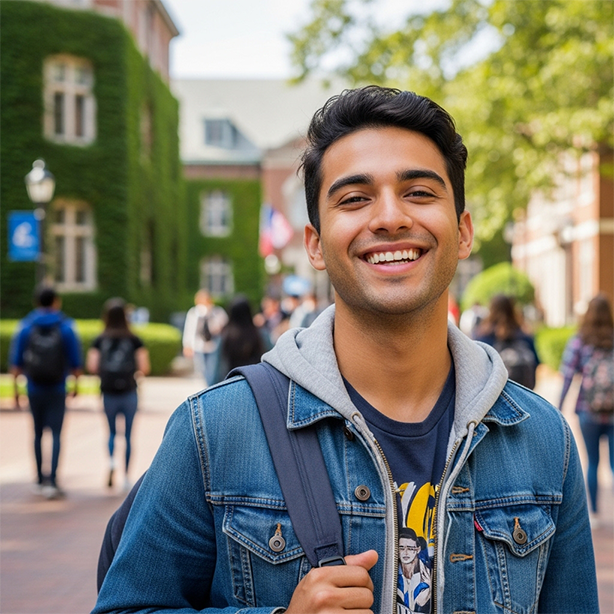 Smiling young man wearing a denim jacket and backpack standing outdoors on a college campus with students in the background.
