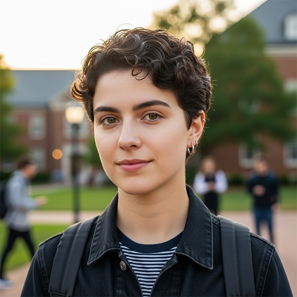 Young person with short curly hair wearing a striped shirt and black jacket outdoors on a college campus.