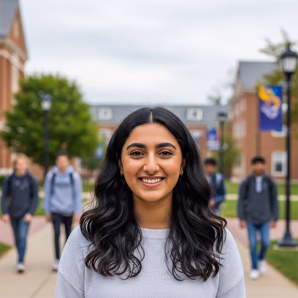 Smiling young woman with long dark hair wearing a light gray sweater on a college campus walkway.