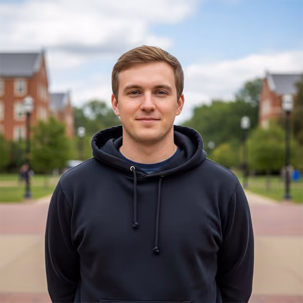 Young man in a black hoodie standing outdoors with campus buildings and trees in the background under a partly cloudy sky.