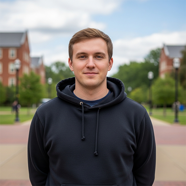 Young man in a black hoodie standing outdoors with campus buildings and trees in the background under a partly cloudy sky.