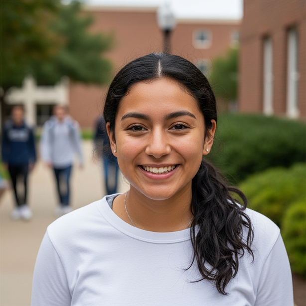Young woman with dark hair in a ponytail smiling outdoors on a college campus pathway.