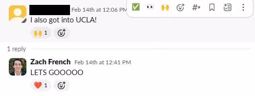 Text message conversation where one user announces getting into UCLA, and Zach French replies enthusiastically with 'LETS GOOOOO' and a heart emoji.
