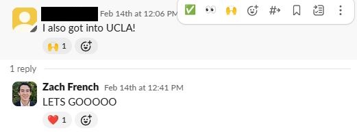 Text message conversation where one user announces getting into UCLA, and Zach French replies enthusiastically with 'LETS GOOOOO' and a heart emoji.