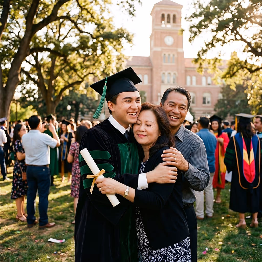 Young graduate in cap and gown hugging his smiling parents outdoors on a university campus with other graduates in the background.