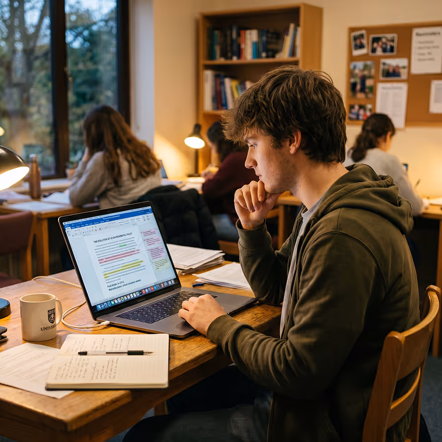 Young man studying on a laptop at a wooden table in a cozy library room with other students in the background.