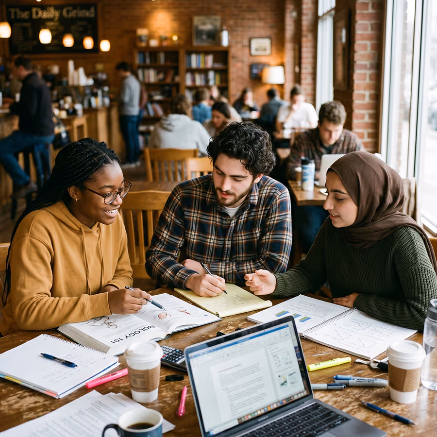 Three college students studying together in a cozy café with open textbooks, notebooks, and a laptop on the table.