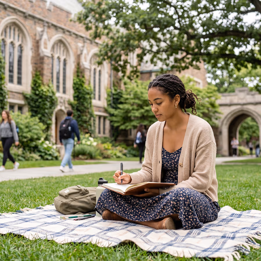 Student sitting cross-legged on a plaid blanket on grass, writing in a notebook outside a historic university building.