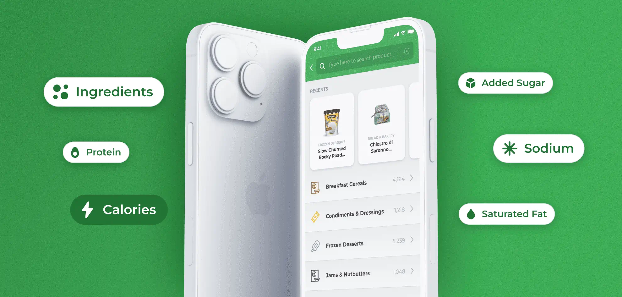 Eatiquette app displayed on a white smartphone, surrounded by ingredient filter tags like calories, sodium, and protein.