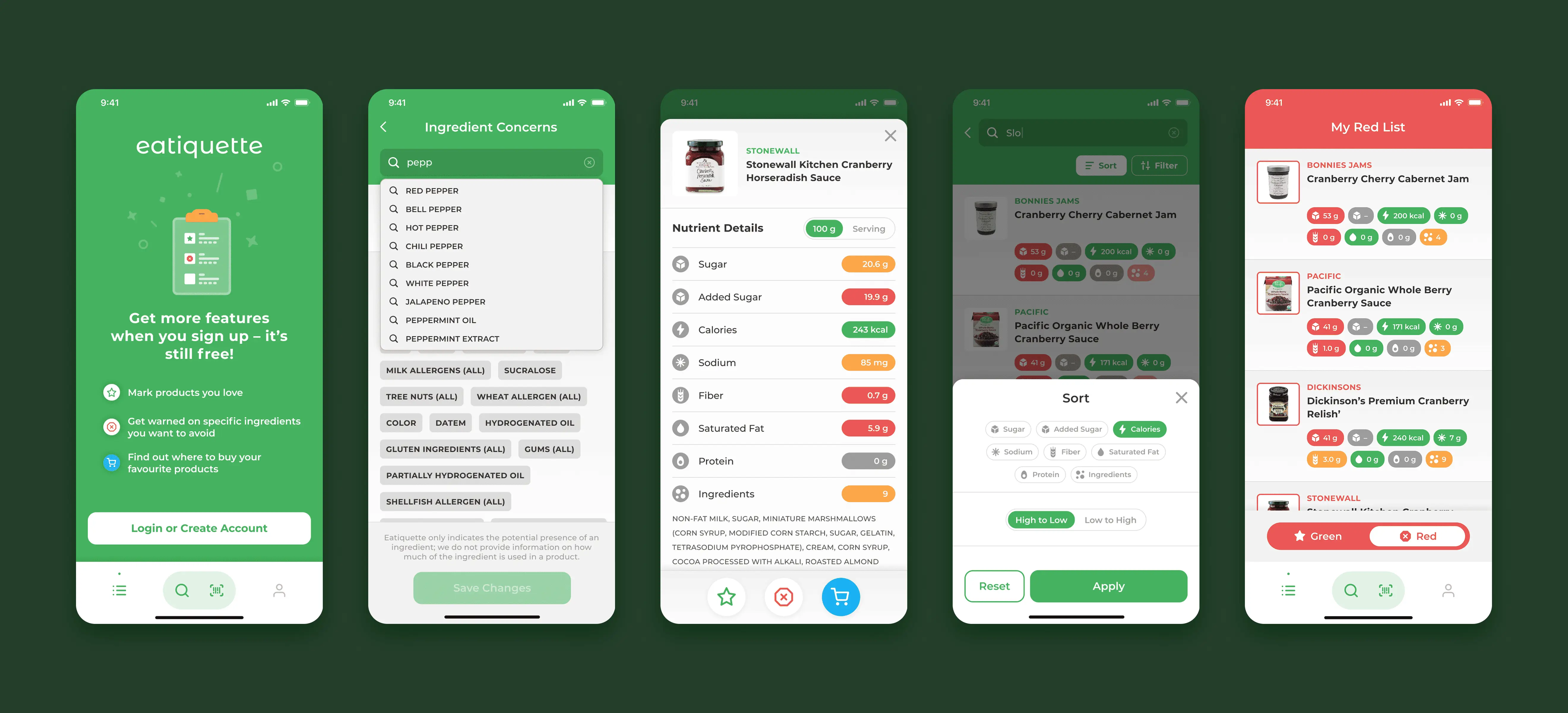 Five Eatiquette app screens showing login, ingredient filters, nutrition facts, product sorting, and personalised food lists.