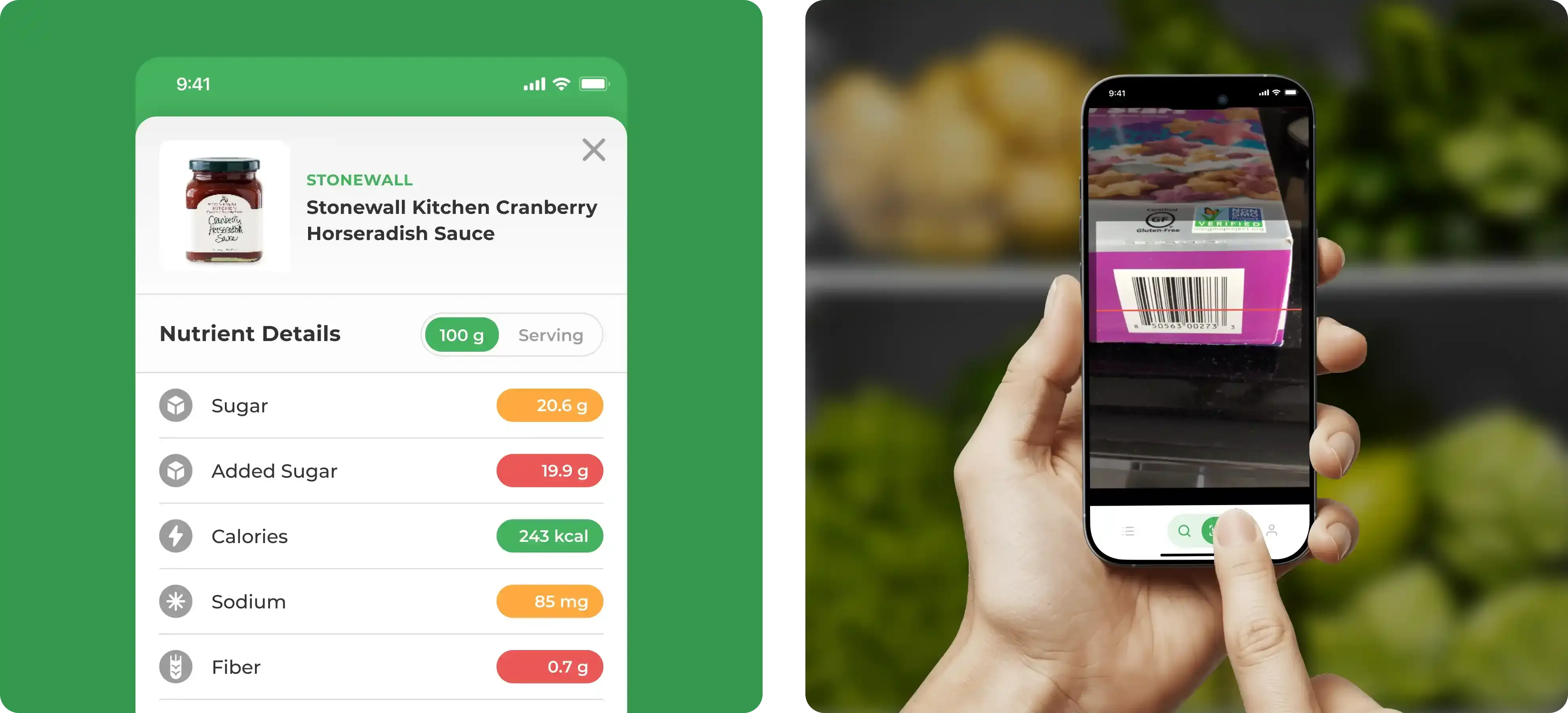 Close-up view of nutritional details for a product inside the Eatiquette app, showing sugar, calories, and sodium values.