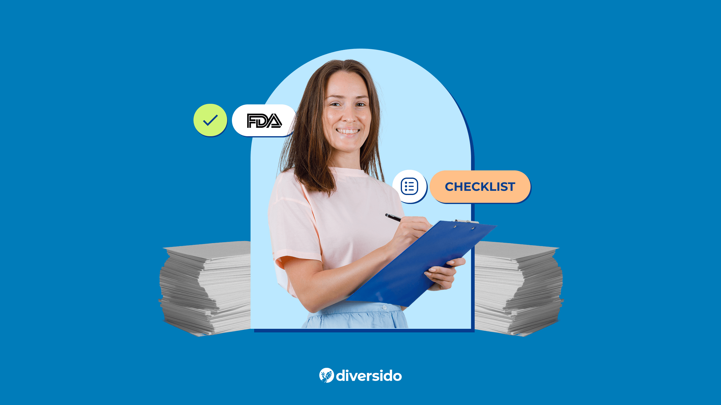 Smiling woman holding a clipboard, surrounded by FDA checklist icons and document stacks, representing health app compliance preparation.