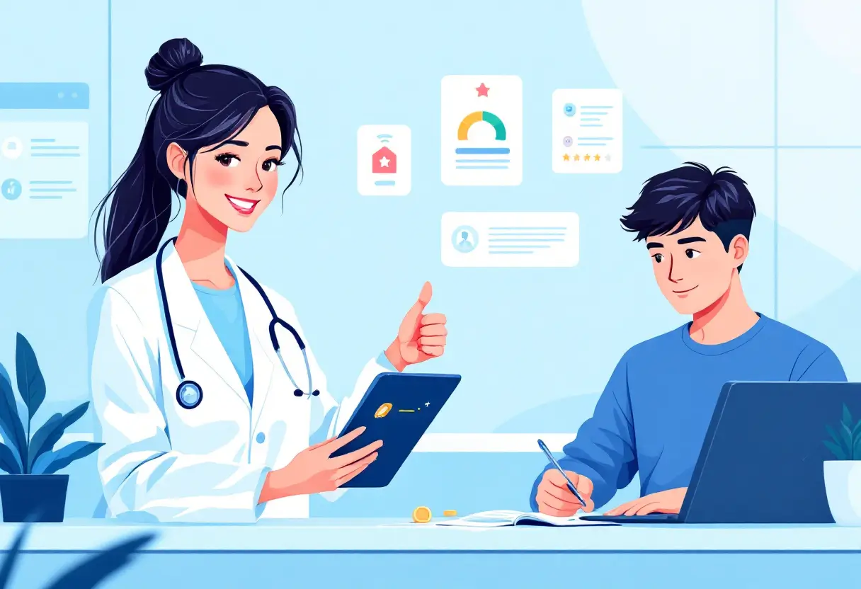 Illustration showing how gamification enhances healthcare and education. A female doctor gives a thumbs-up next to a tablet displaying game-like progress icons (stars, health symbols), while a student works on a laptop earning rewards and certificates.
