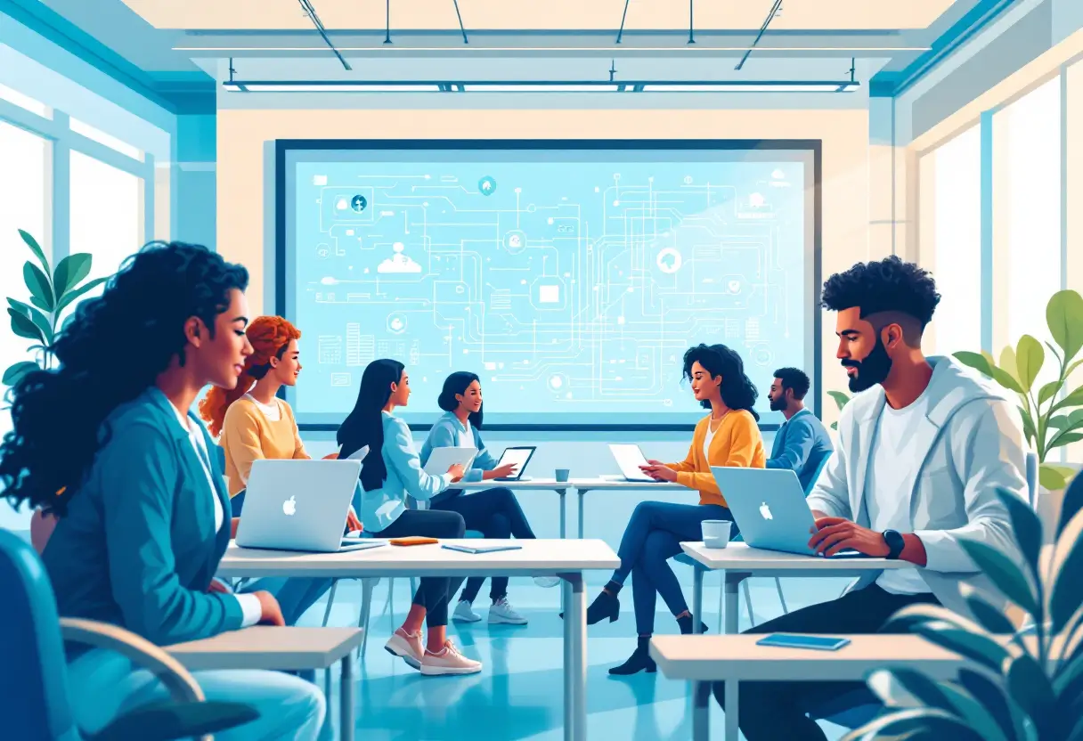 Illustration that represents how technology improves education, showing a diverse group of students (different ages, genders, ethnicities) learning together using technology: laptops, tablets, and an interactive smartboard.
