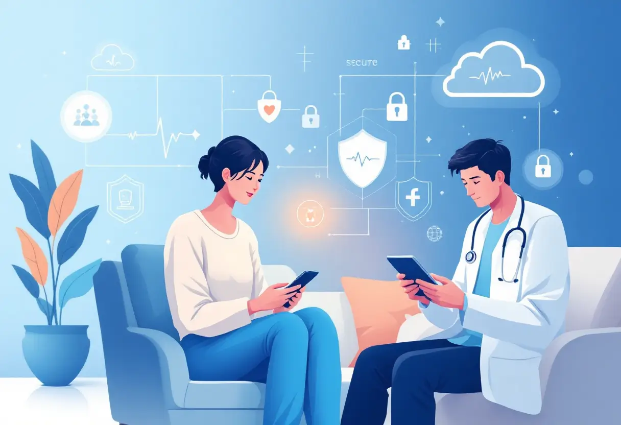 Illustration of a secure healthcare app environment, showing a doctor and patient using digital devices with shield and lock icons symbolising HIPAA compliance and data protection.