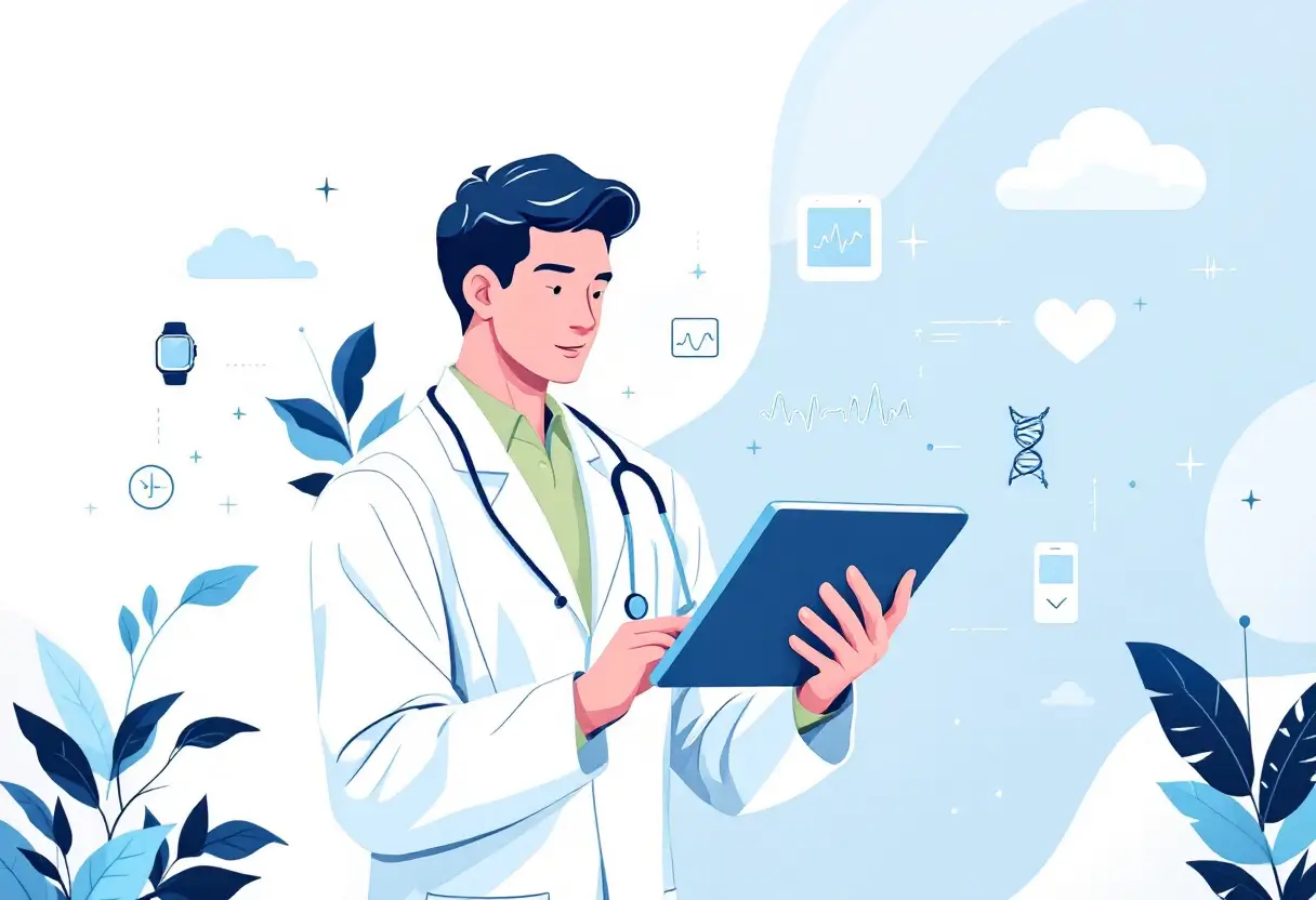 A modern healthcare professional using a tablet connected to wearable devices, cloud platforms, and AI analytics.