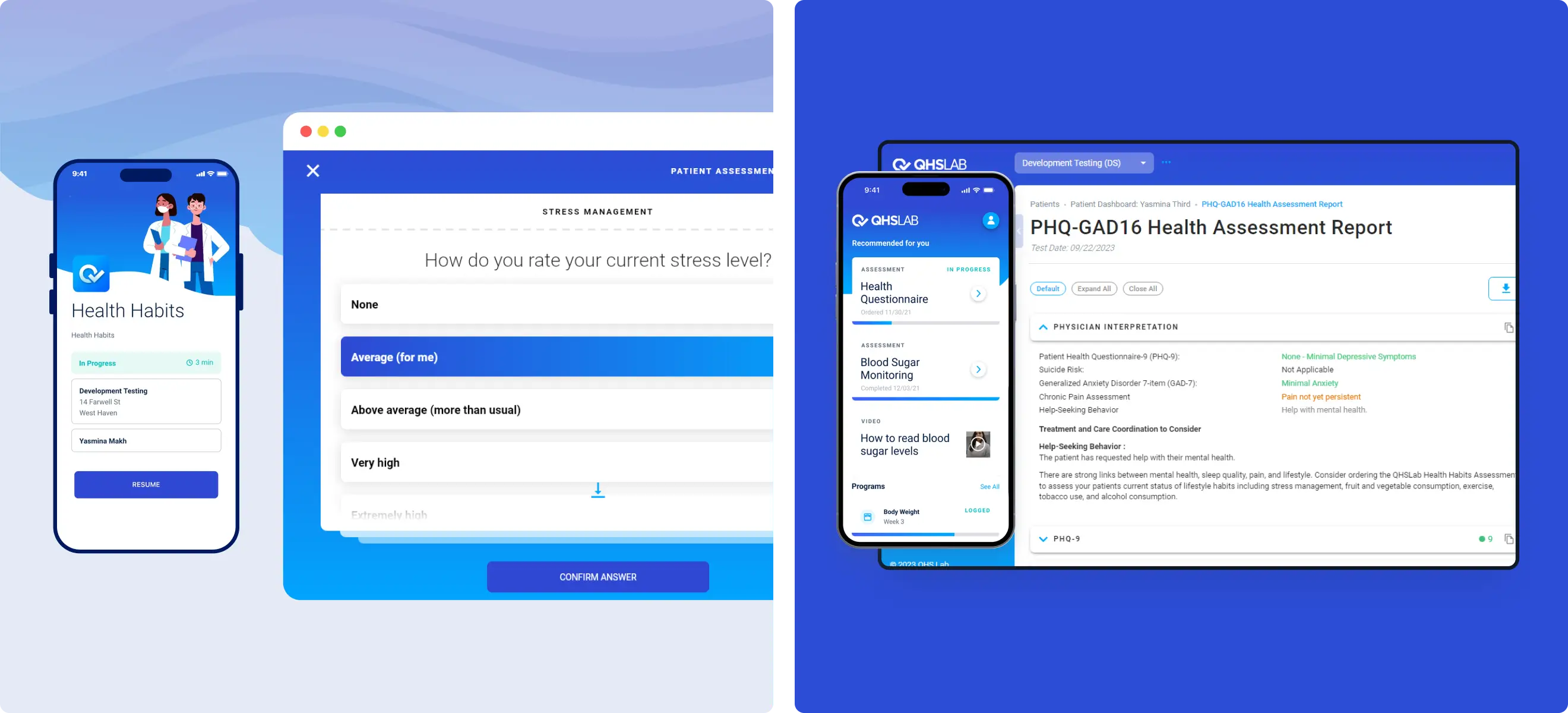 Screens showing the Health Habits assessment interface on mobile and stress level input on web, demonstrating a patient-friendly experience for digital self-reporting.
