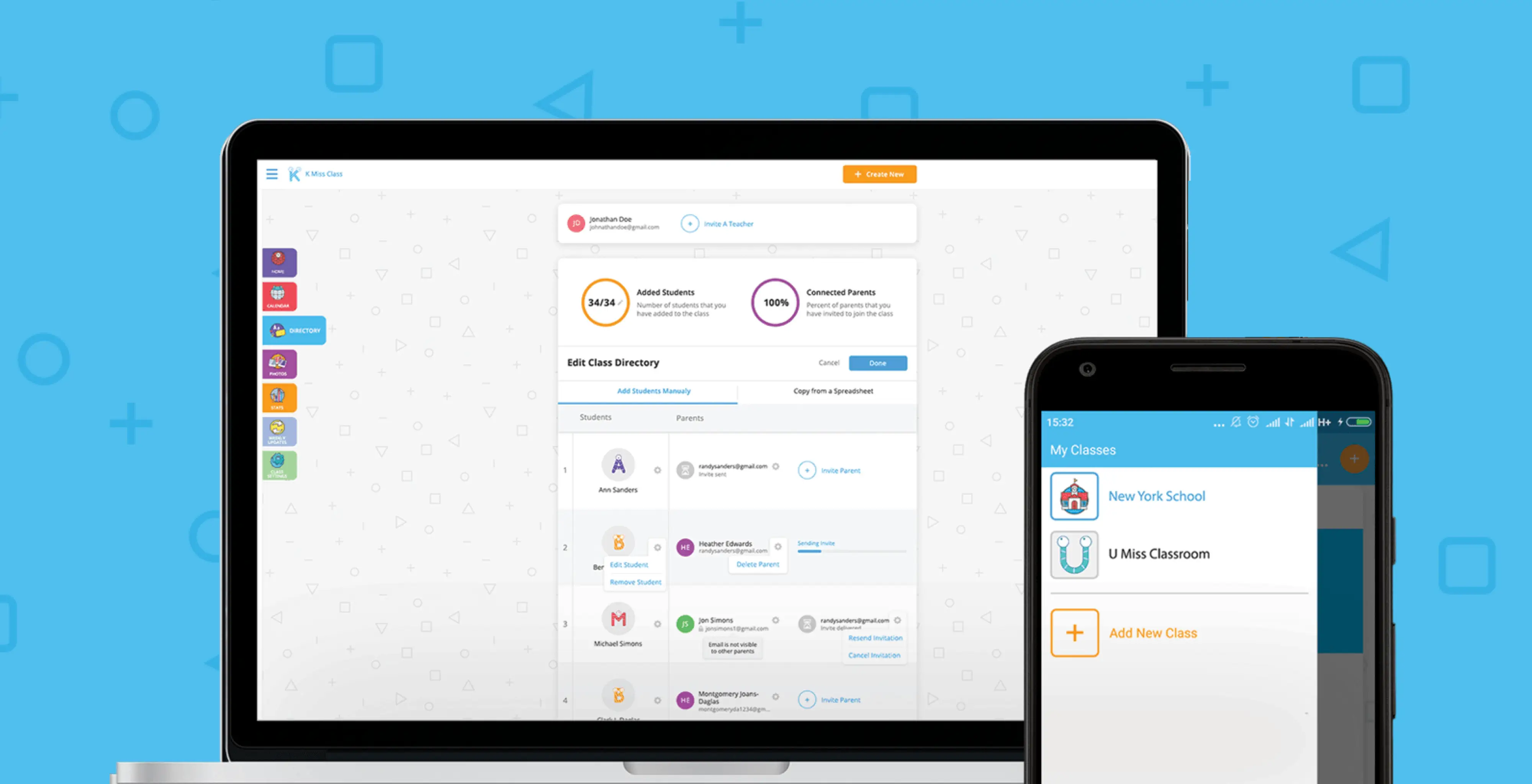 ClassTag parent-teacher communication platform interface shown on desktop and mobile — an all-in-one tool for virtual classrooms and family engagement.