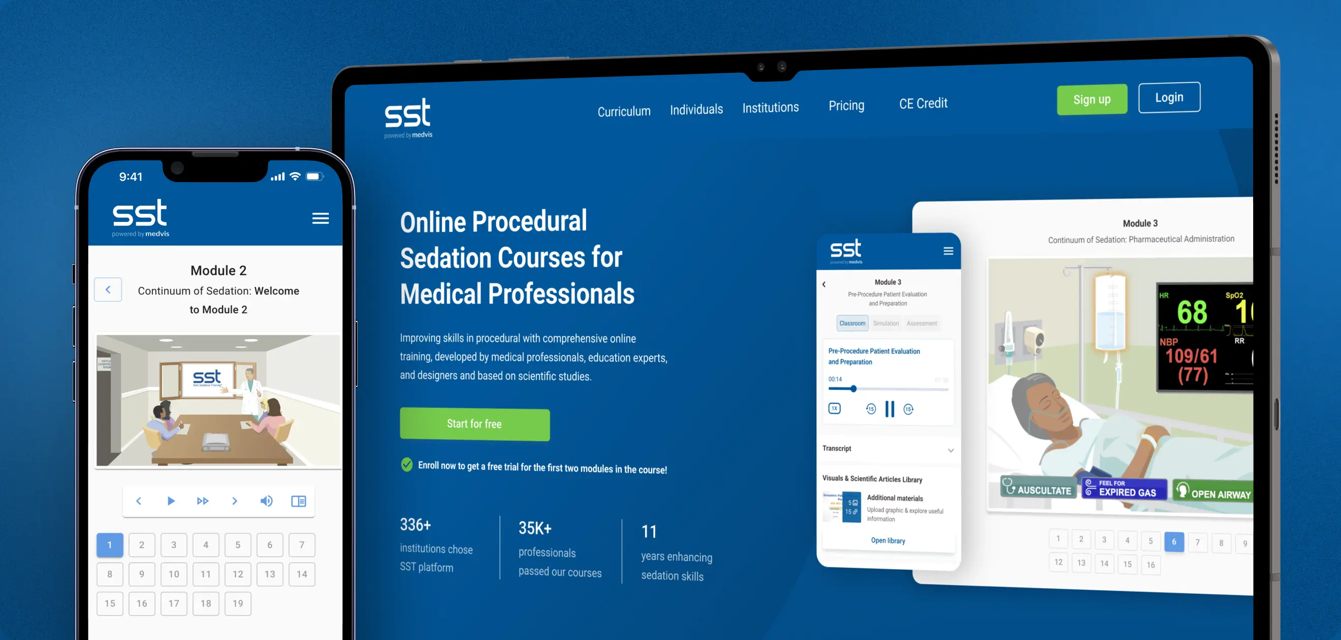 Safe Sedation Training (SST) digital learning platform interface on desktop and mobile devices, offering online sedation courses for healthcare professionals with interactive modules and certification.