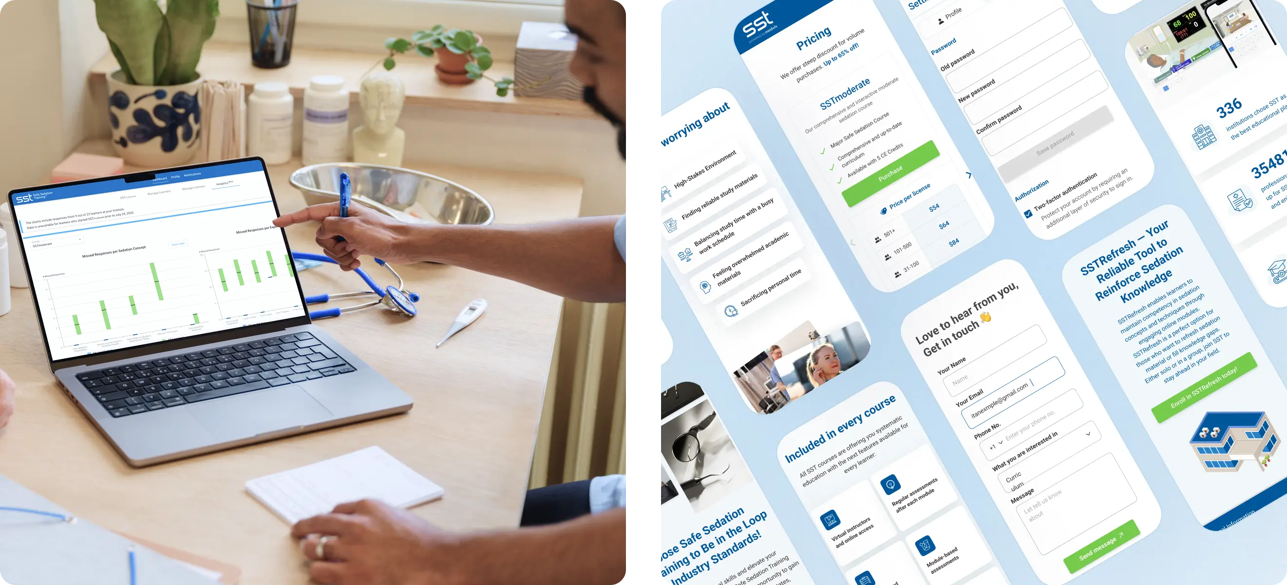 Safe Sedation Training (SST) digital learning platform interface showing progress tracking charts on laptop and course modules, pricing, and registration screens on mobile.