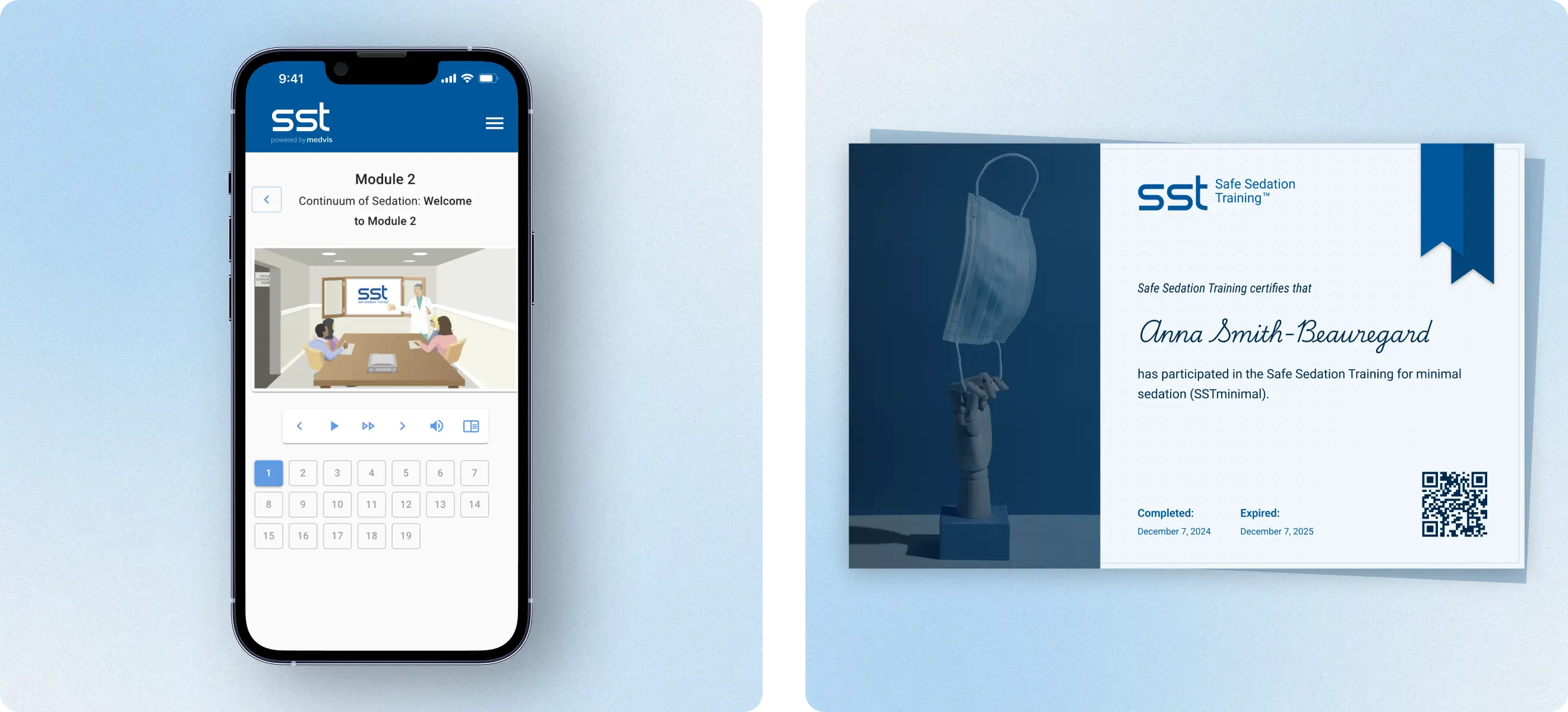Safe Sedation Training (SST) mobile learning module displayed on a smartphone alongside a digital course completion certificate for healthcare professionals.