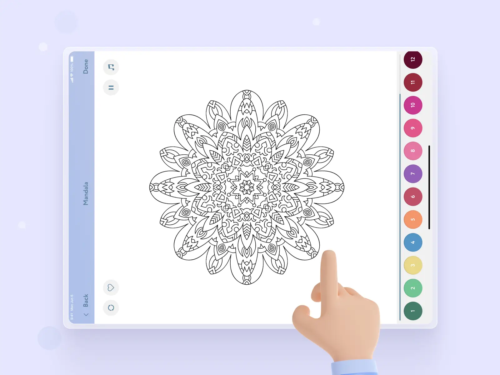 Tablet screen with a mandala outline ready to be colored in MasterPeace app.