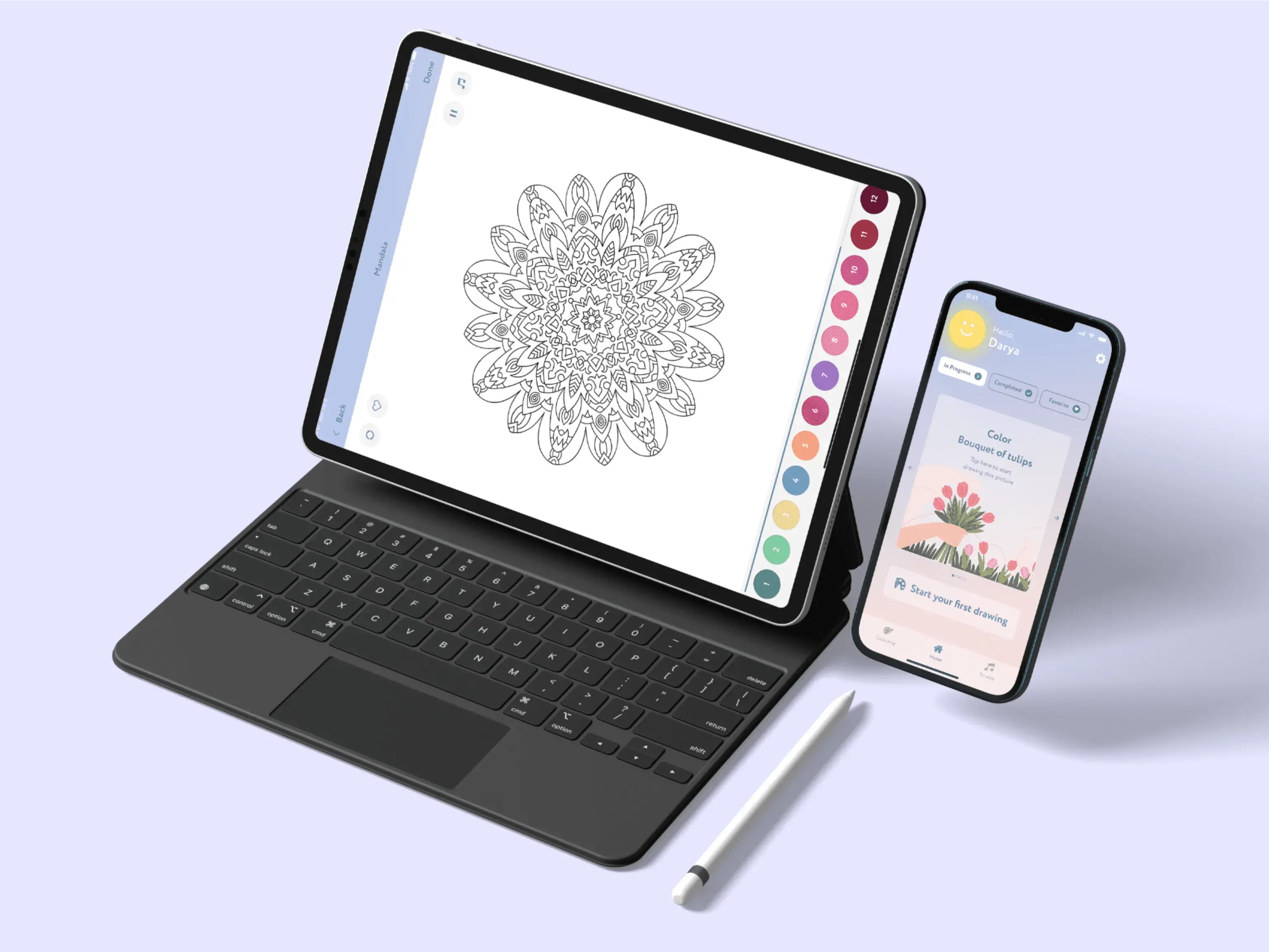 MasterPeace app displayed on tablet and smartphone showing drawing interface and coloring options.
