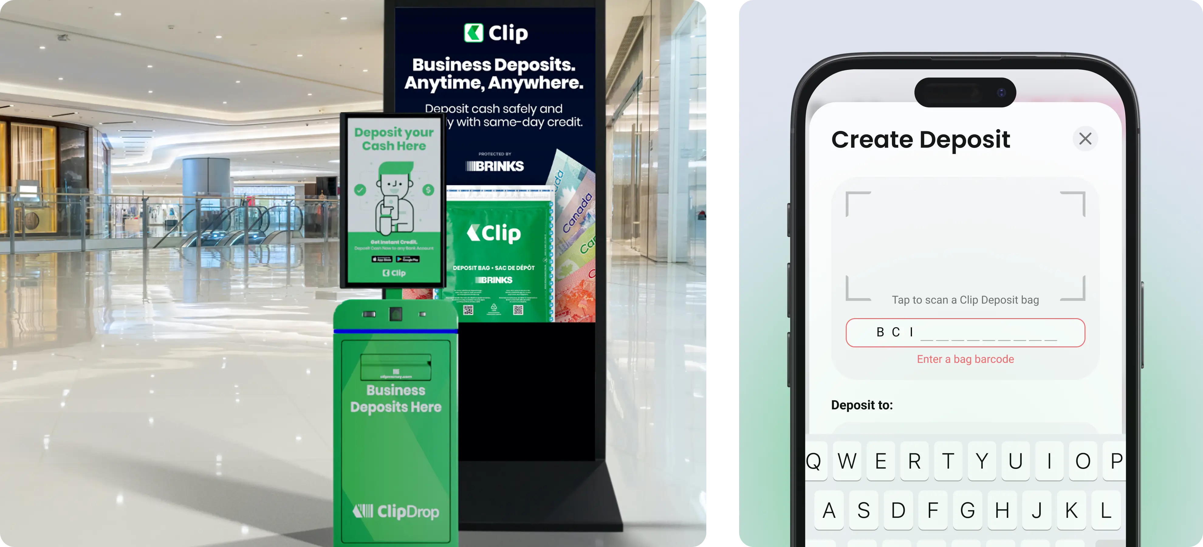 ClipMoney cash deposit kiosk in a shopping mall with mobile app screen for barcode scanning.