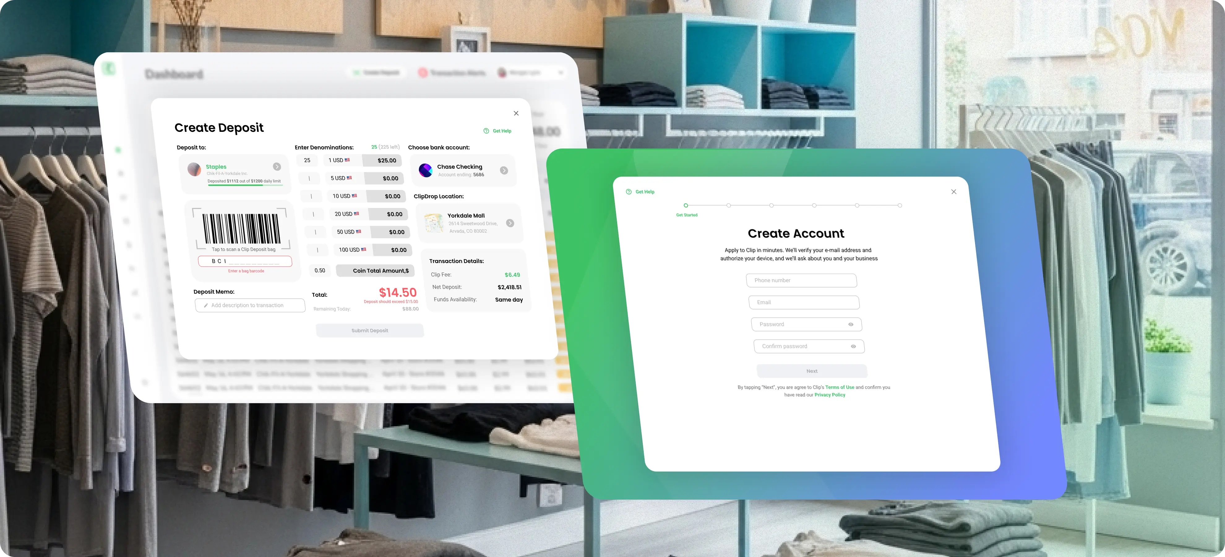 ClipMoney web dashboard with deposit creation form and user account setup screen.