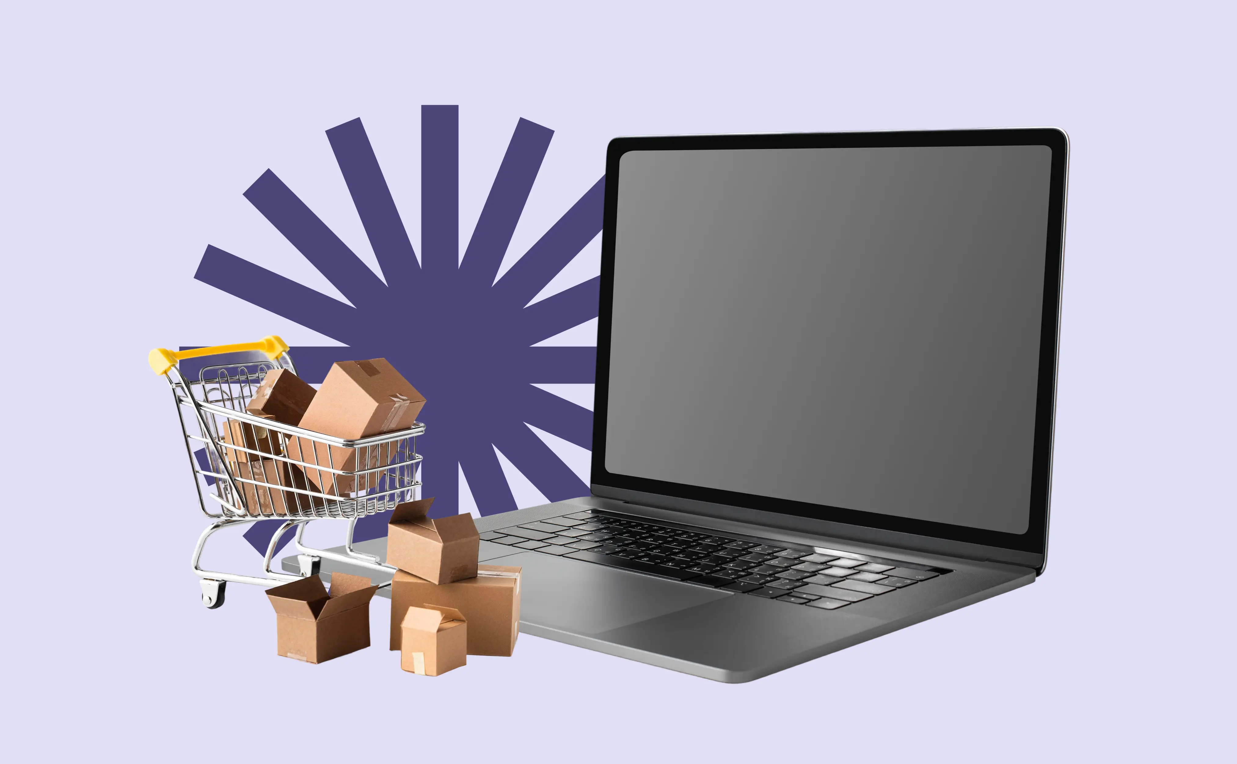 Shopping trolley with parcels beside a laptop — symbolising e-commerce and website sales.
