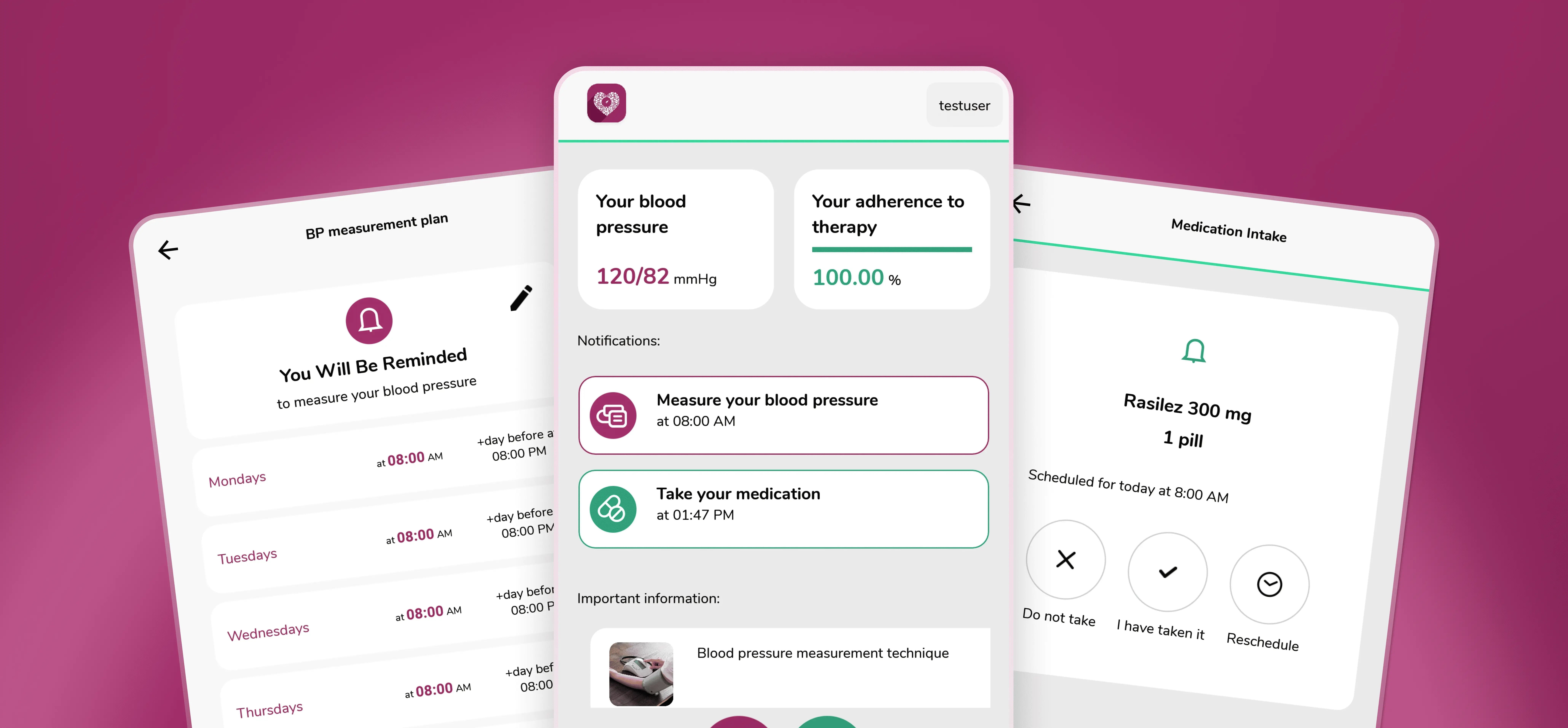 Health app UI showing blood pressure tracking and medication reminders for hypertensive patients