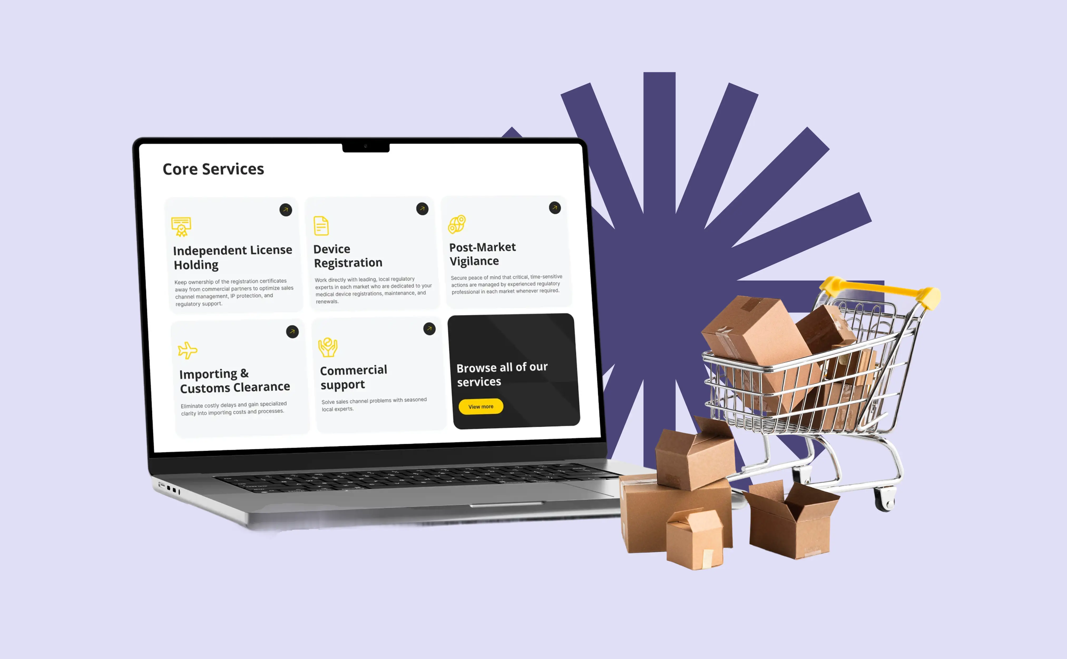 Shopping trolley with parcels beside a laptop — symbolising e-commerce and website sales.