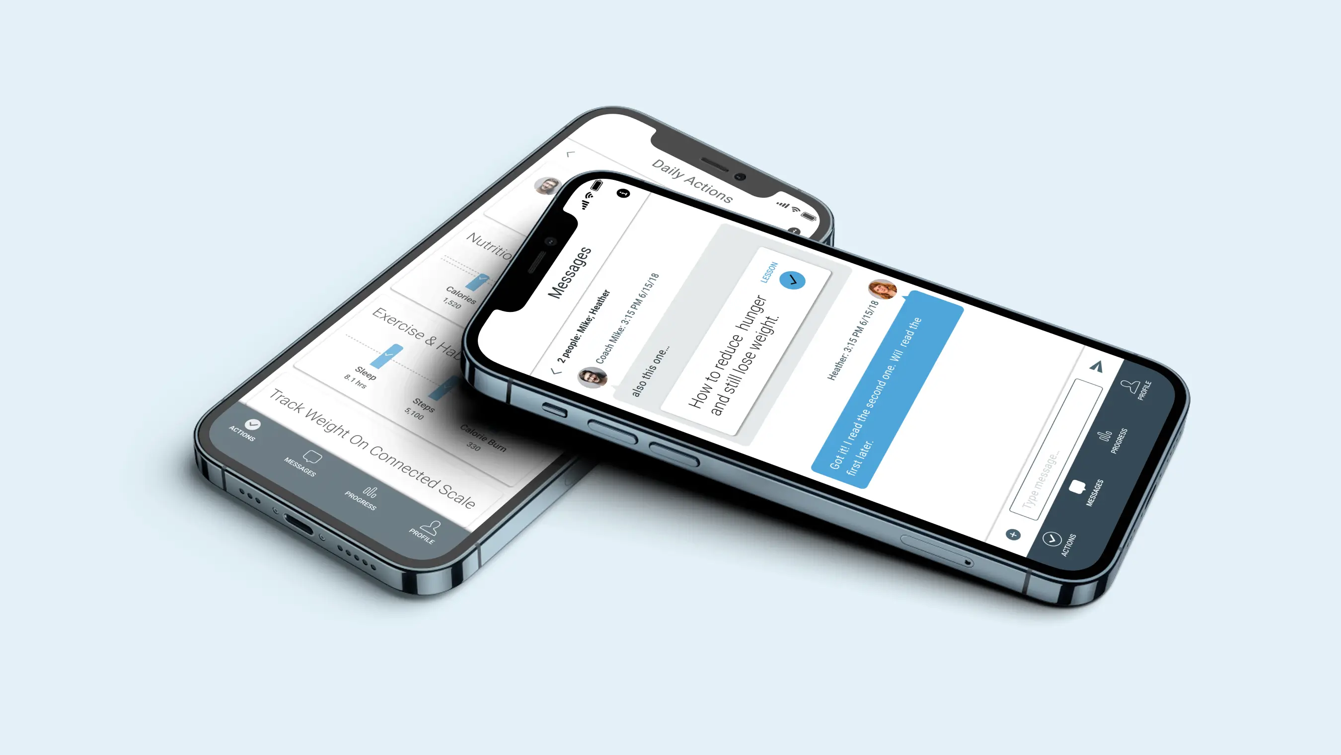 Mobile health and fitness app interface developed by Diversido, showing user messaging and daily activity tracking on iPhone.