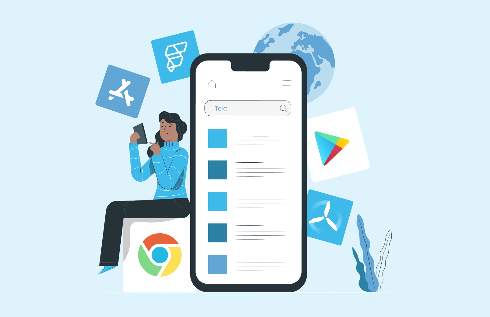 Person using a smartphone to test a mobile MVP, with icons of App Store, Google Play, and Chrome representing cross-platform compatibility.