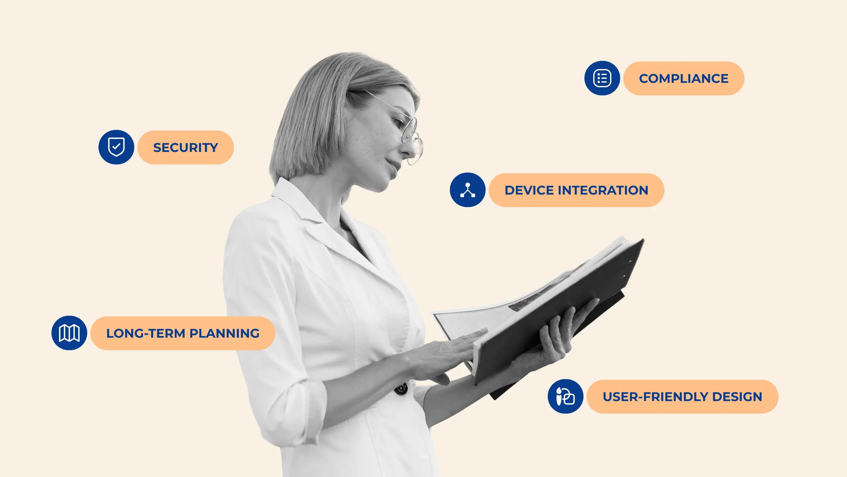 Doctor reading a medical report with key IoT healthcare app challenges illustrated around her: security, compliance, device integration, long-term planning, and user-friendly design.