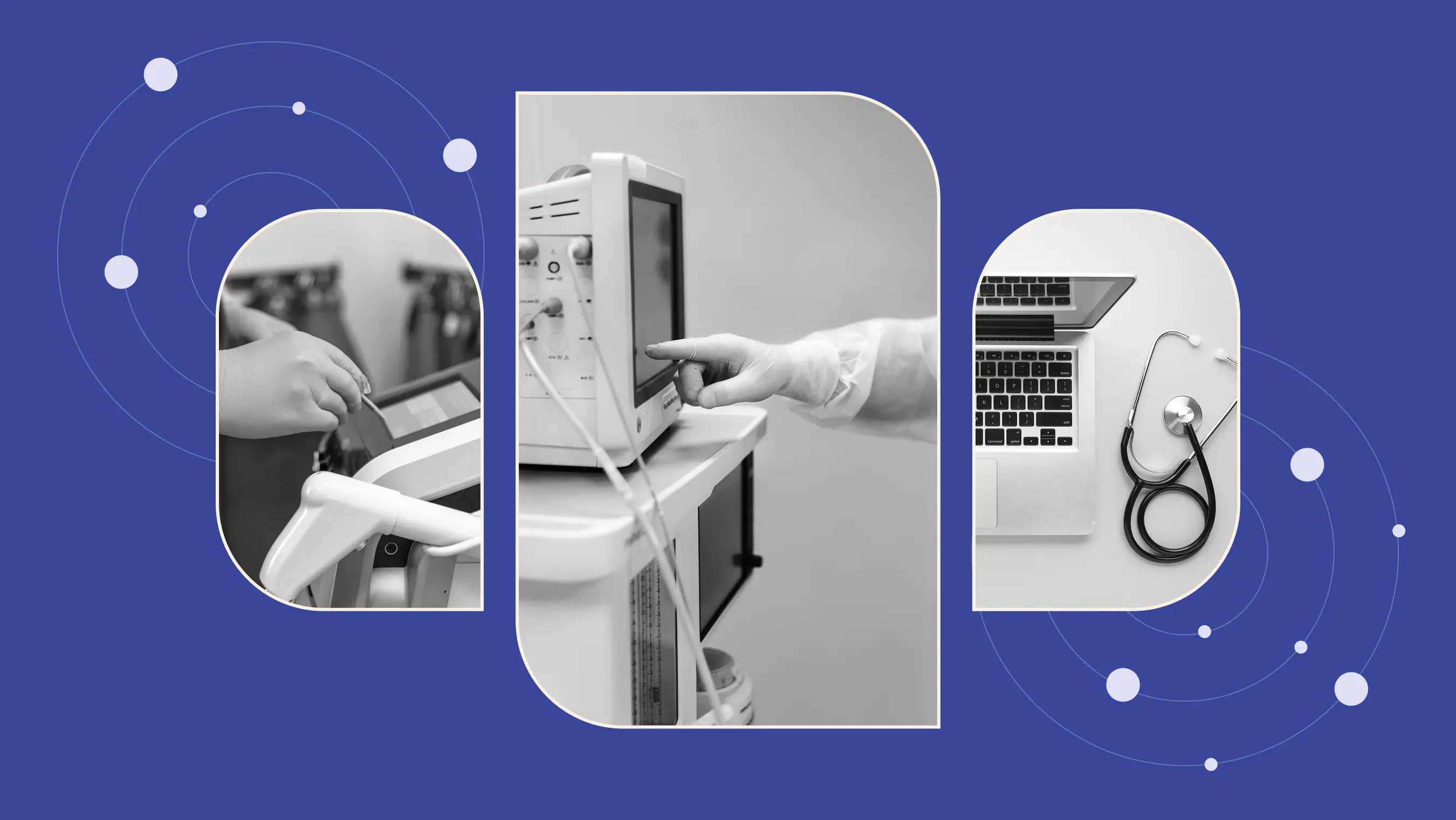 Collage showing IoT medical devices and digital tools: patient monitor, wearable device, laptop, and stethoscope – representing the complexity of device integration.